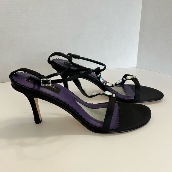 Johnathan Kayne Footwear Open Toe Heels Jeweled Ankle Strap Black/Purple Sz 10.5 - Picture 4 of 13
